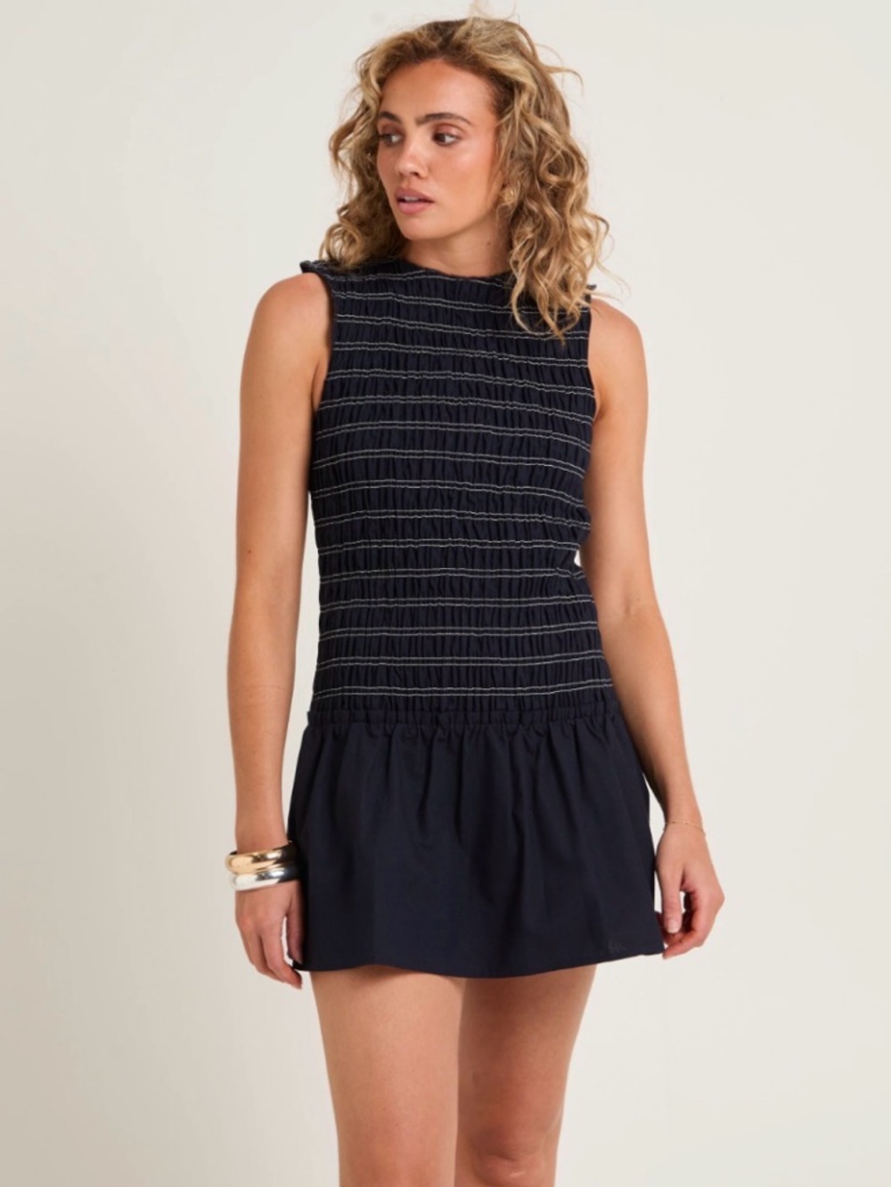 Subtitled Low Waisted Bubble Mini Dress Shirred, Size Large